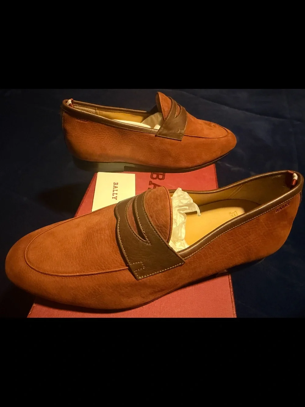 Bally Men's Orange Suede Penny Loafers with Brown Strap